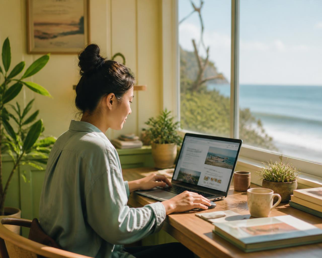Asian woman at a wooden desk building websites on a laptop with an ocean view through the window